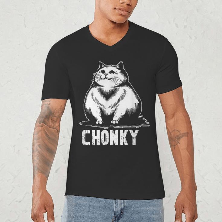 Chonk Fat And Hairy Cat Cats Kittens Dad Graphic Mom Funny Men's V-Neck T-Shirt