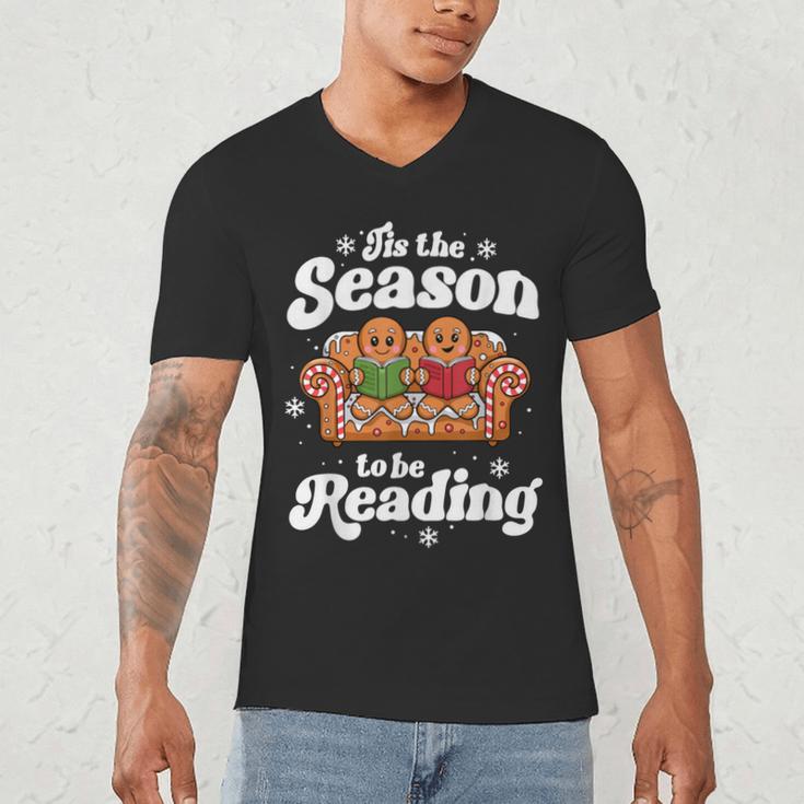 Christmas Book Lover Gingerbread Library Reading Bookaholic Men's V-Neck T-Shirt