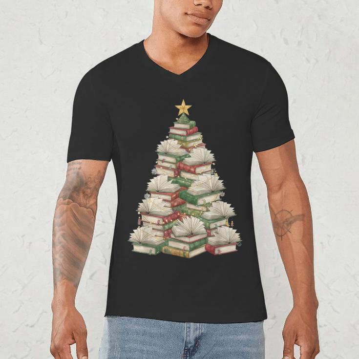 Christmas Book Tree Teacher Book Lover Xmas Librarian Men's V-Neck T-Shirt
