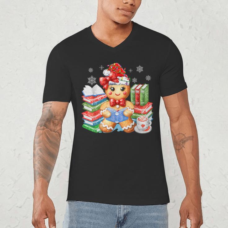Christmas Gingerbread Man Reading Book Snowflake Teacher Men's V-Neck T-Shirt
