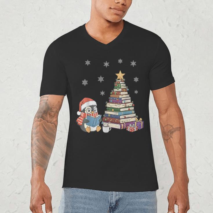 Christmas A Penguin Reading Book Snowflake Cocoa Hot Teacher Men's V-Neck T-Shirt Christmas A Penguin Reading Book Snowflake Cocoa Hot Teacher Men's V-Neck T-Shirt