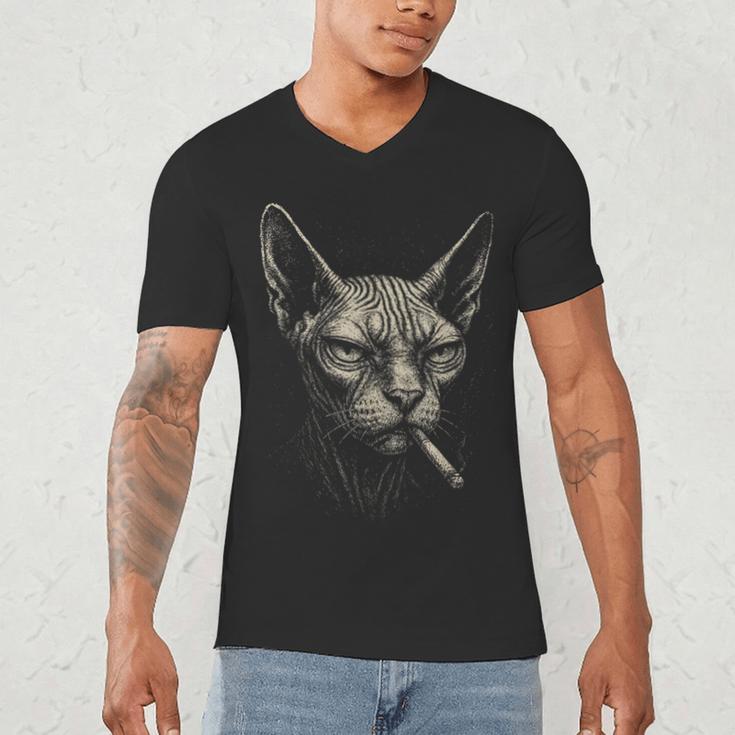 Cigarette Smoking Sphynx Cat Meme Stupid For Dad Men's V-Neck T-Shirt