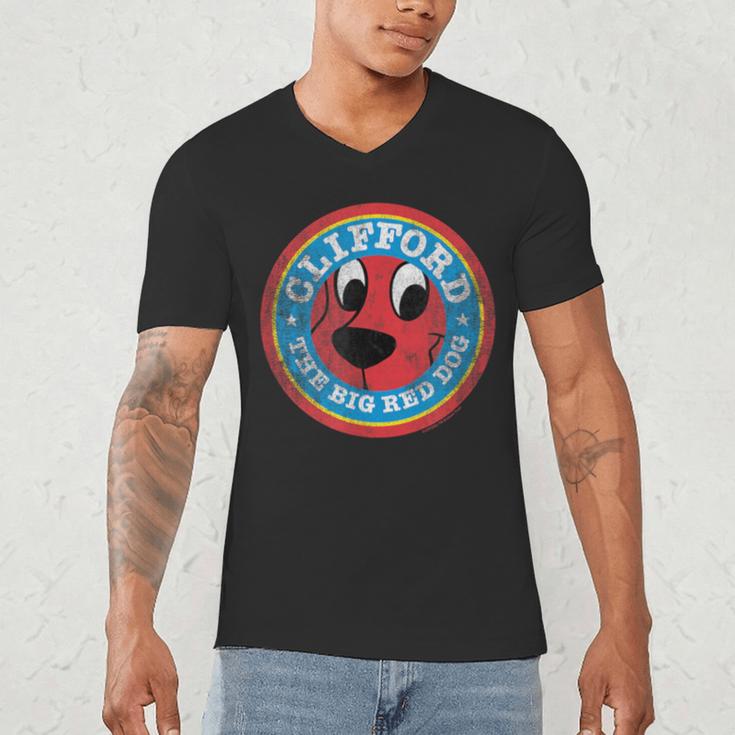 Clifford The Big Red Dog Round Distressed Logo Kids Books Men's V-Neck T-Shirt