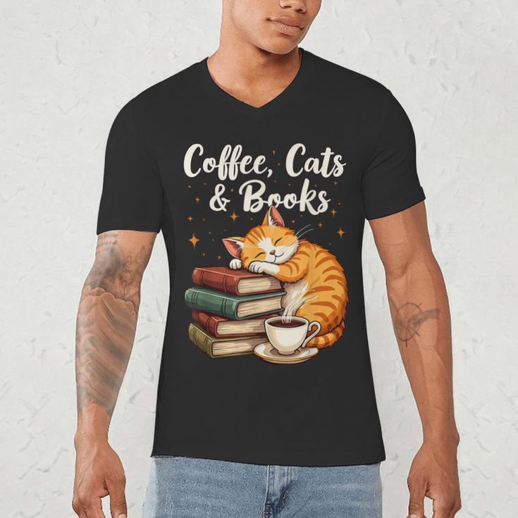 Coffee Cats & Books Lover For Women & Girls Coffee Men's V-Neck T-Shirt