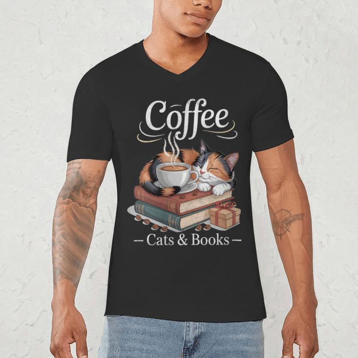Coffee Cats And Books Cozy Calico Reader Love Cute Cat Men's V-Neck T-Shirt