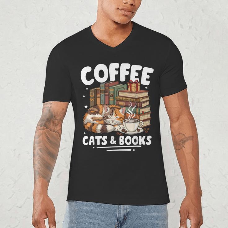 Coffee Cats And Books Cats And Reading Lovers Men's V-Neck T-Shirt