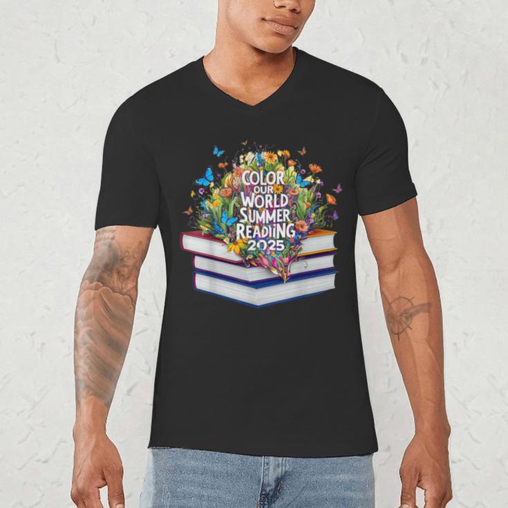 Color Our World Summer Reading 2025 Cute Book Wildflowers Men's V-Neck T-Shirt
