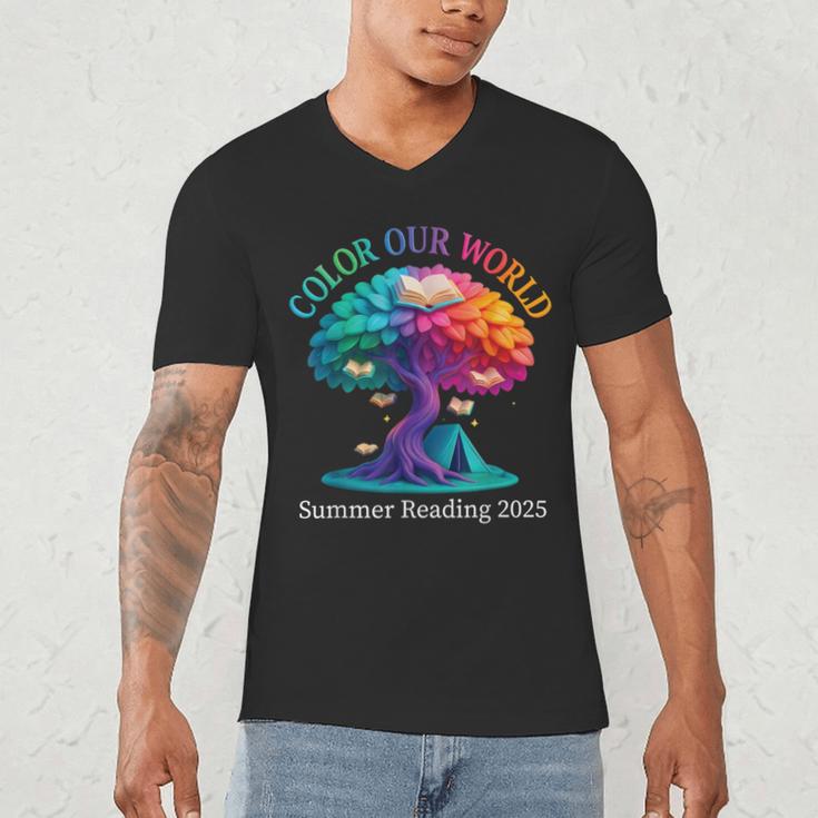 Color Our World Summer Reading 2025 Tree Book Lover Camping Men's V-Neck T-Shirt