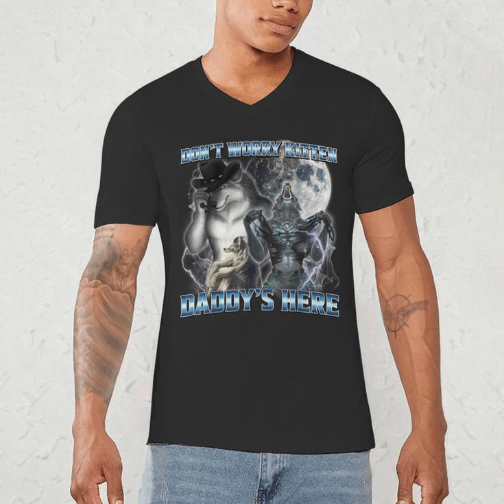 Cool Alpha Wolf Meme Don't Worry Kitten Daddy's Here Men's V-Neck T-Shirt