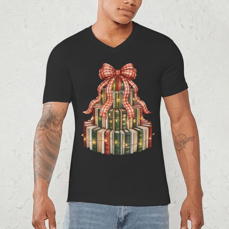 Coquette Christmas Book Tree Xmas Lights Librarian Teacher Men's V-Neck T-Shirt