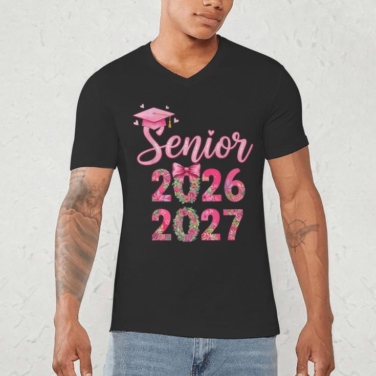 Coquette Pink Bow Flowers Senior 2026 2027 Graduation Men's V-Neck T-Shirt