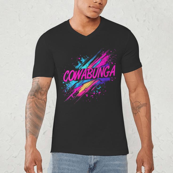 Cowabunga Retro 80s 90s Nostalgia Slang Neon Grunge Art Men's V-Neck T-Shirt Cowabunga Retro 80s 90s Nostalgia Slang Neon Grunge Art Men's V-Neck T-Shirt