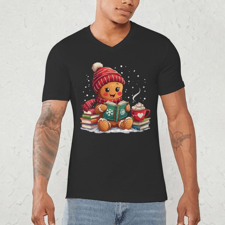 Cozy Gingerbread Christmas Reading Book Xmas Snowflakes Fall Men's V-Neck T-Shirt