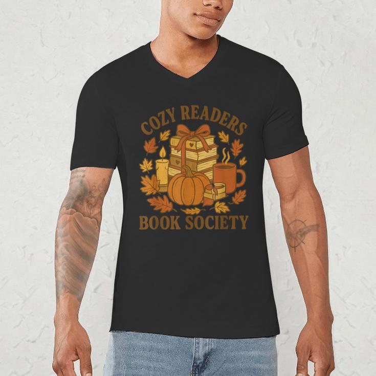 Cozy Readers Book Society Vintage Fall Books & Pumpkin Men's V-Neck T-Shirt