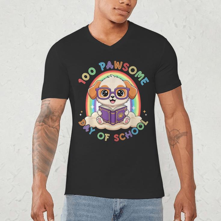 Cute 100th Day Of School 100 Days Dog Reading Book Rainbow Men's V-Neck T-Shirt
