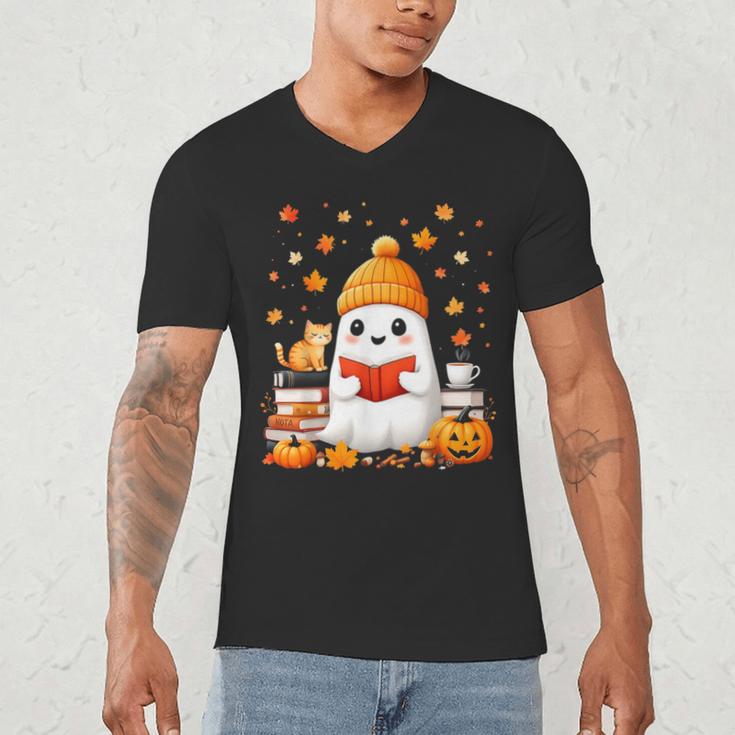 Cute Beanie Ghost Bookworm Cozy Book Reading Halloween Men's V-Neck T-Shirt