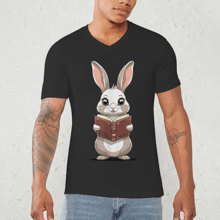 Cute Bookworm Bunny Reading For Kids And Teachers Men's V-Neck T-Shirt Cute Bookworm Bunny Reading For Kids And Teachers Men's V-Neck T-Shirt