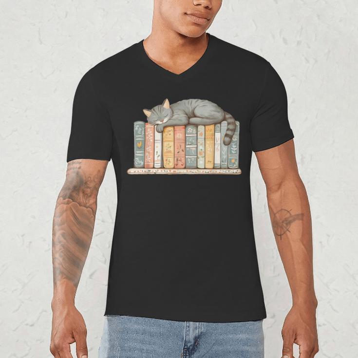Cute Cat Sleeping On Books Men's V-Neck T-Shirt Cute Cat Sleeping On Books Men's V-Neck T-Shirt