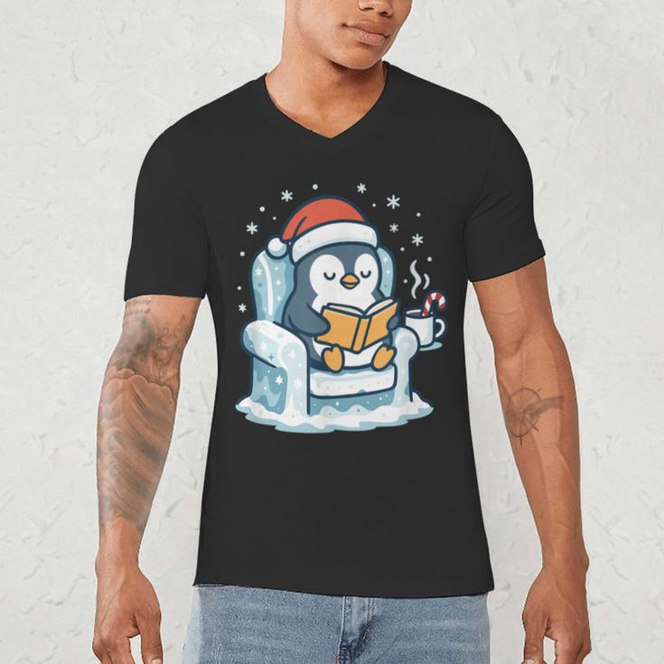 Cute Christmas Penguin Reading Book Cozy Winter Holiday Art Men's V-Neck T-Shirt