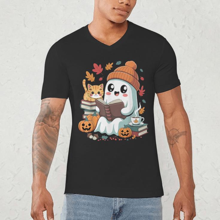 Cute Cozy Ghost Reading With Cat Book Lover Autumn Fall Men's V-Neck T-Shirt
