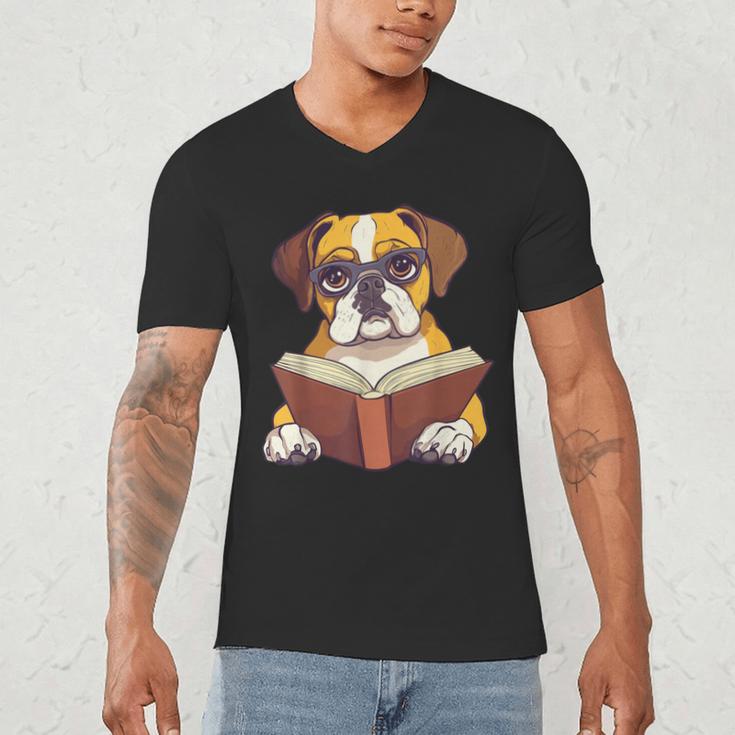 Cute Dog Boxer Reading Book Men's V-Neck T-Shirt Cute Dog Boxer Reading Book Men's V-Neck T-Shirt
