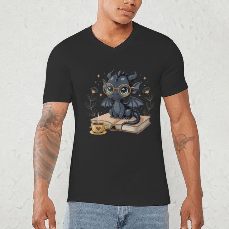 Cute Dragon Books Flower Bookworm Book Lover Men's V-Neck T-Shirt