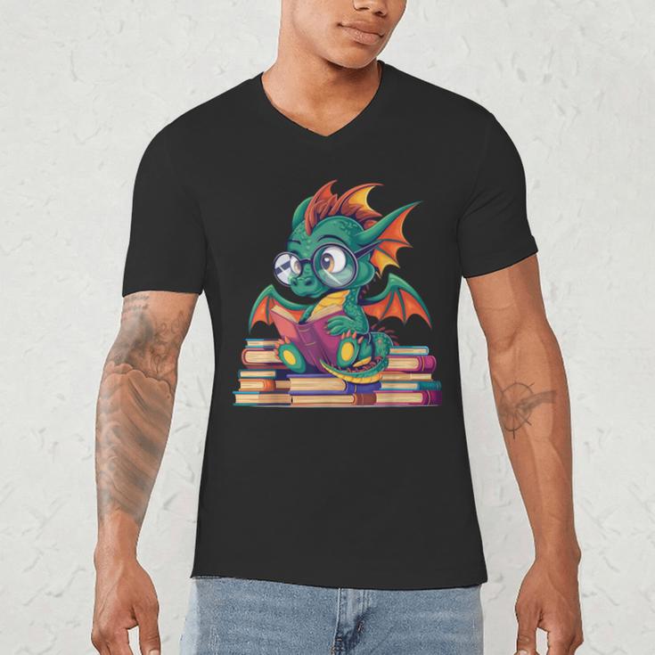 Cute Dragon Reading a Book Bookworm For Men Women Kid Men's V-Neck T-Shirt
