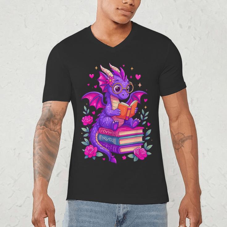 Cute Dragon Reading Books Bookworm Men's V-Neck T-Shirt Cute Dragon Reading Books Bookworm Men's V-Neck T-Shirt