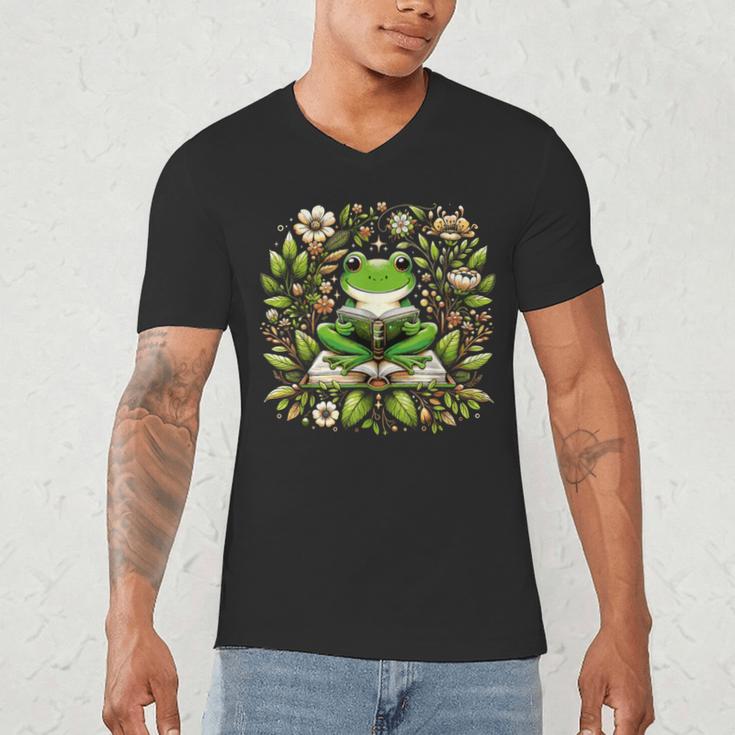 Cute Floral Frog Book Reading Men's V-Neck T-Shirt Cute Floral Frog Book Reading Men's V-Neck T-Shirt