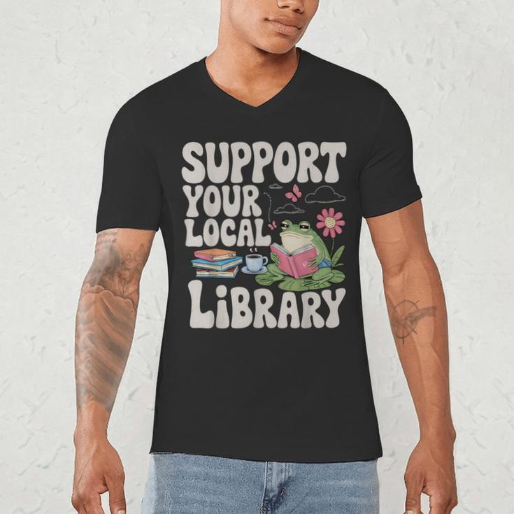 Cute Frog Support Your Local Library Librarian Book Lover Men's V-Neck T-Shirt Cute Frog Support Your Local Library Librarian Book Lover Men's V-Neck T-Shirt