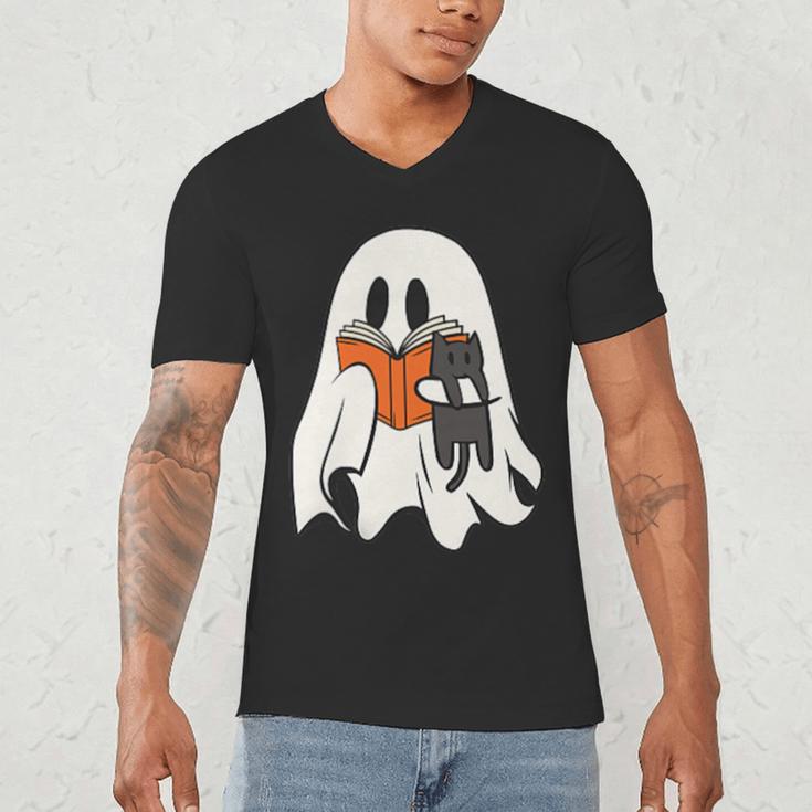 Cute Ghost Cat Reading Book Spooky Season Halloween Costume Men's V-Neck T-Shirt Cute Ghost Cat Reading Book Spooky Season Halloween Costume Men's V-Neck T-Shirt