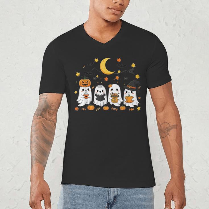 Cute Ghost Drinking Coffee Halloween Fall Ghost Book Reading Men's V-Neck T-Shirt Cute Ghost Drinking Coffee Halloween Fall Ghost Book Reading Men's V-Neck T-Shirt