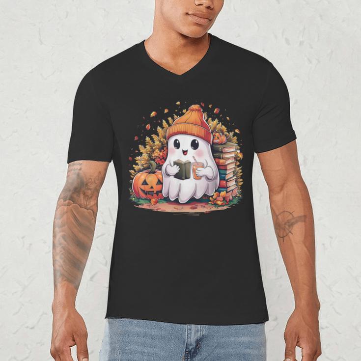 Cute Ghost Drinking Coffee Halloween Reading Book Retro Men's V-Neck T-Shirt