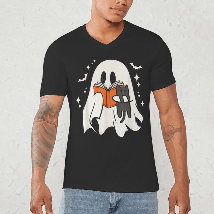 Cute Ghost Reading Book Spooky Season Halloween Costume Kids Men's V-Neck T-Shirt Cute Ghost Reading Book Spooky Season Halloween Costume Kids Men's V-Neck T-Shirt