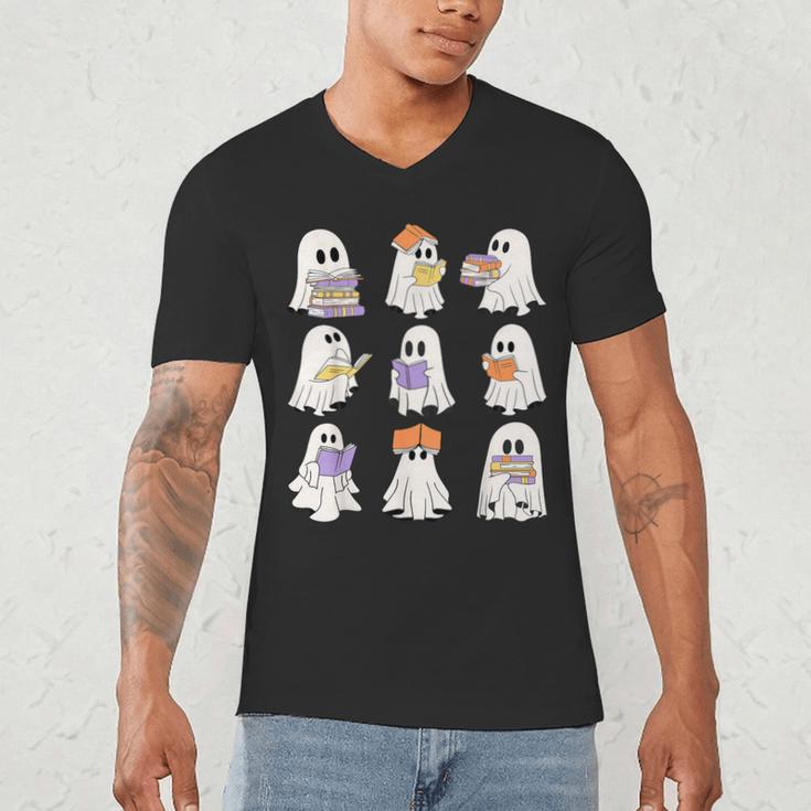 Cute Ghost Reading Books Teacher Halloween Reading Men Women Kids Men's V-Neck T-Shirt