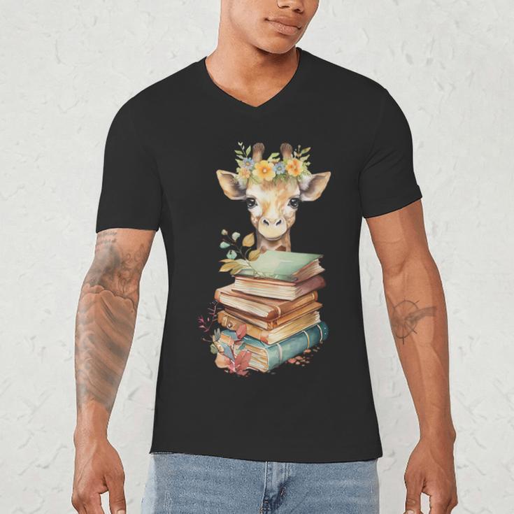 Cute Giraffe With Book Floral Bookworm Librarian Book Lover Men's V-Neck T-Shirt Cute Giraffe With Book Floral Bookworm Librarian Book Lover Men's V-Neck T-Shirt