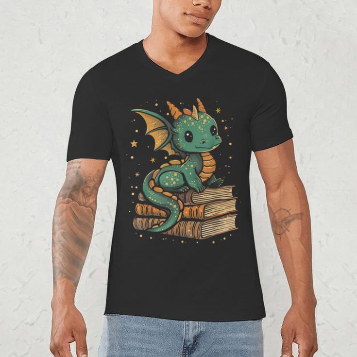 Cute Kawaii Dragon Fantasy Book Lover Book Nerd Men's V-Neck T-Shirt