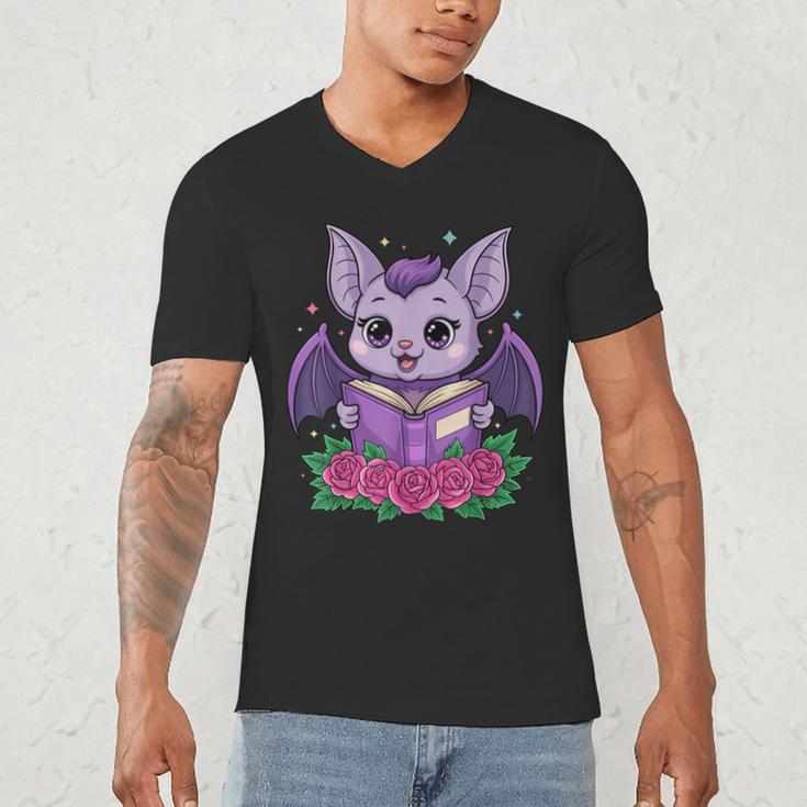 Cute Pastel Goth Bat Reading Book Men's V-Neck T-Shirt