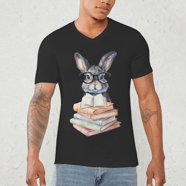 Cute Reading Bunny With Glasses Books Reader Book Bookworm Men's V-Neck T-Shirt