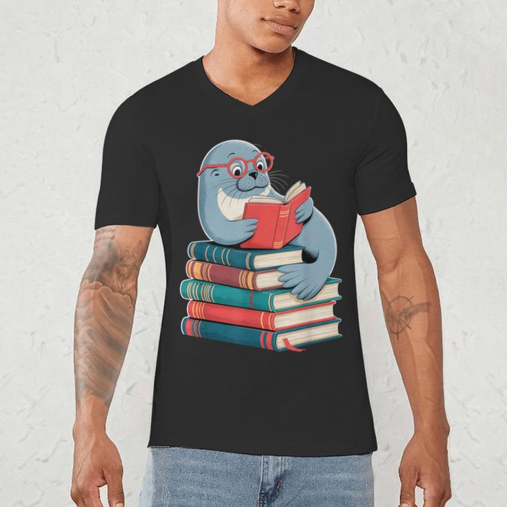 Cute Reading Seal On Books Book Lover Men's V-Neck T-Shirt Cute Reading Seal On Books Book Lover Men's V-Neck T-Shirt