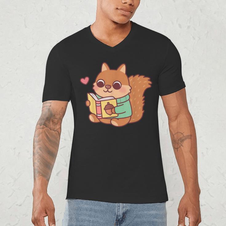Cute Squirrel Reading A Book Lovers Anime Kawaii Women Kids Men's V-Neck T-Shirt