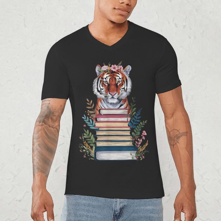 Cute Tiger With Book Floral Bookworm Librarian Book Lover Men's V-Neck T-Shirt Cute Tiger With Book Floral Bookworm Librarian Book Lover Men's V-Neck T-Shirt