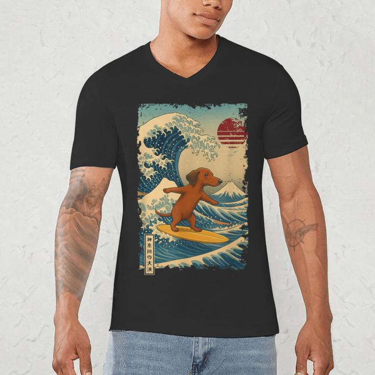 Dachshund Doxie Japanese Kanagawa Wave Surfing Japan Mom Dad Men's V-Neck T-Shirt