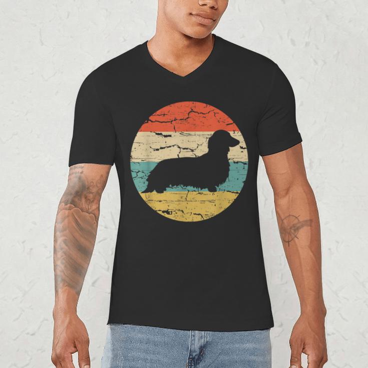 Dachshund Long Haired Dog Vintage Mom Dad Retro Men's V-Neck T-Shirt