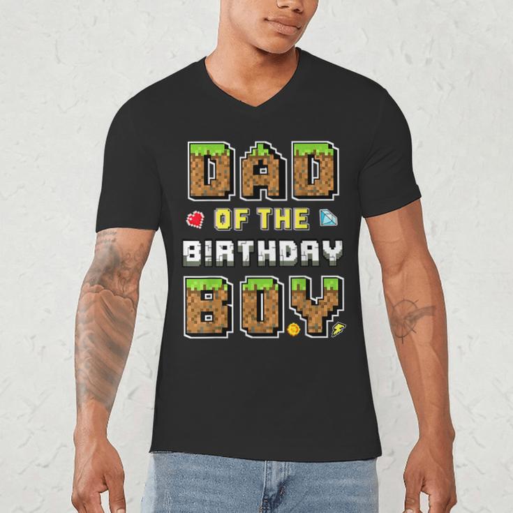 Dad Of The Birthday Boy Gamer Pixel Birthday Party Matching Men's V-Neck T-Shirt