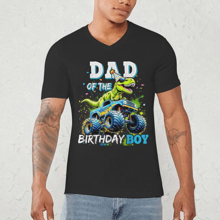 Dad Of The Birthday Boy Monster Truck Dinosaur PartyRex Men's V-Neck T-Shirt