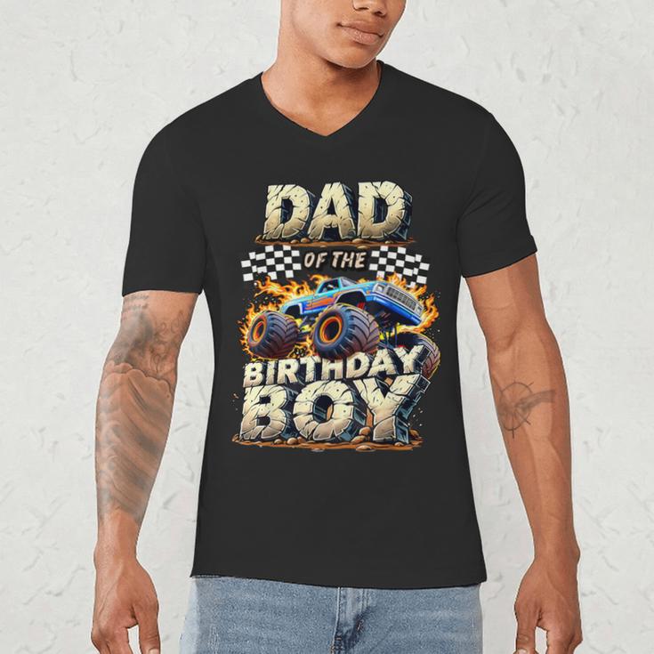 Dad Of The Birthday Boy Monster Truck Family Matching Party Men's V-Neck T-Shirt