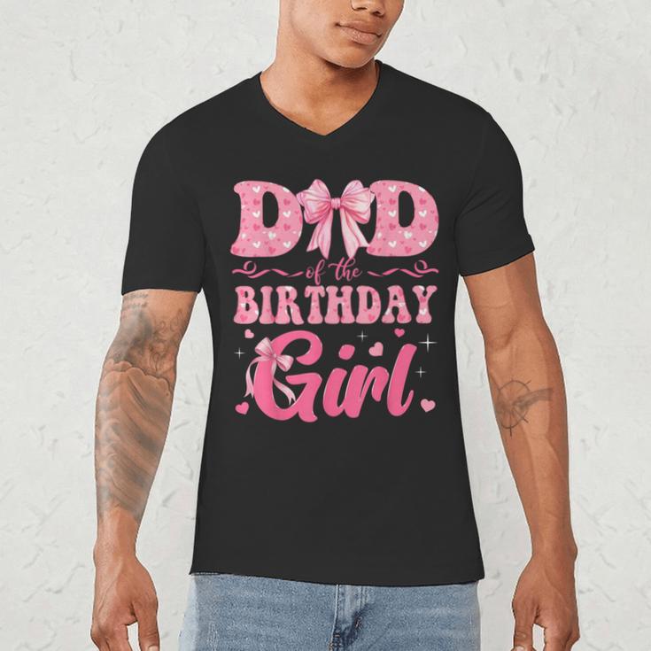 Dad Of The Birthday Girl Family Pink Coquette Bow Men's V-Neck T-Shirt