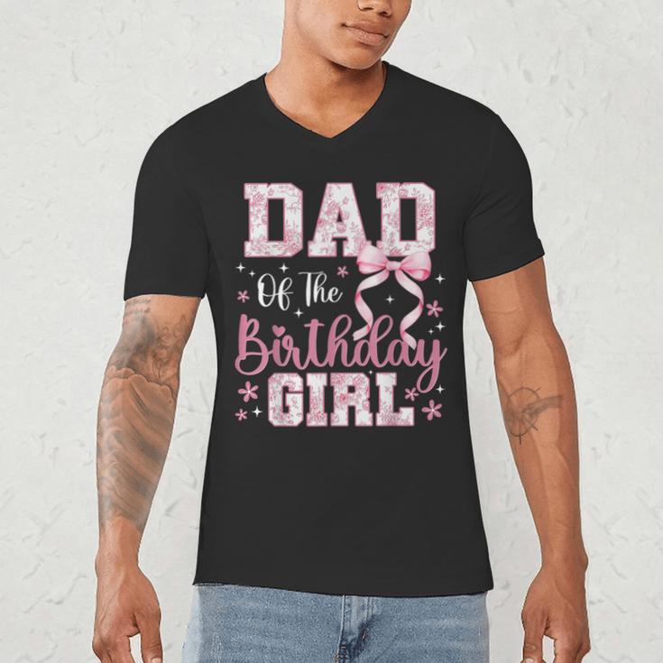 Dad Of The Birthday Girl Pink Bow Flower Birthday Girl Men's V-Neck T-Shirt