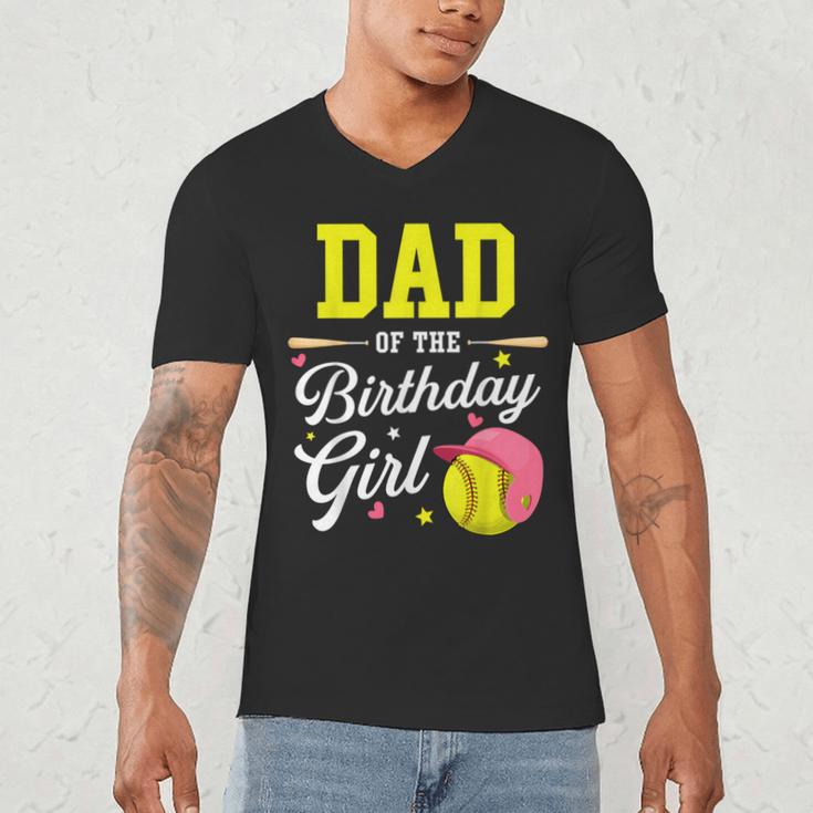 Dad Of The Birthday Girl Softball Player Theme B-Day Daddy Men's V-Neck T-Shirt